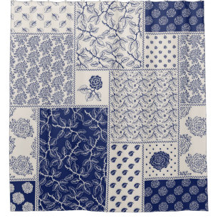 Rideaux De Douche Indigo Bleu Beige Floral Patchwork
