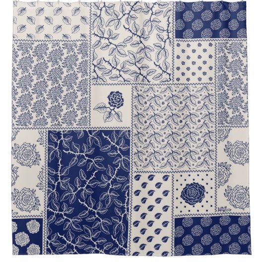 Rideaux De Douche Indigo Bleu Beige Floral Patchwork (Devant)