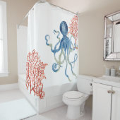 Rideaux De Douche Indigo Ocean Rouge Ventilateur Corail Bleu Octopus (En situation)