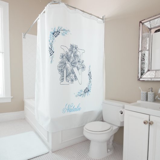 Rideaux De Douche Initiale "N" Monogramme bleu Calme Floral (En situation)