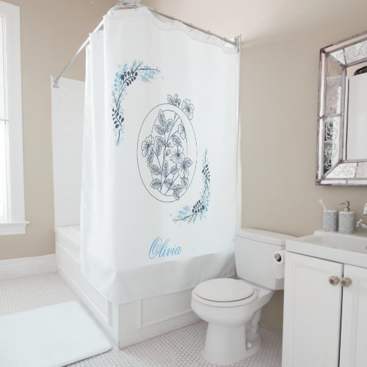 Rideaux De Douche Initiale "O" Monogramme bleu Calme Floral (En situation)