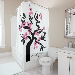 Rideaux De Douche Inséparables noirs roses sakura cerisier, fleurs