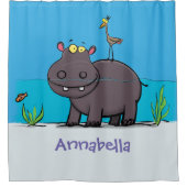 Rideaux De Douche Ippopotame drôle mignon avec dessin animé d'oiseau (Devant)