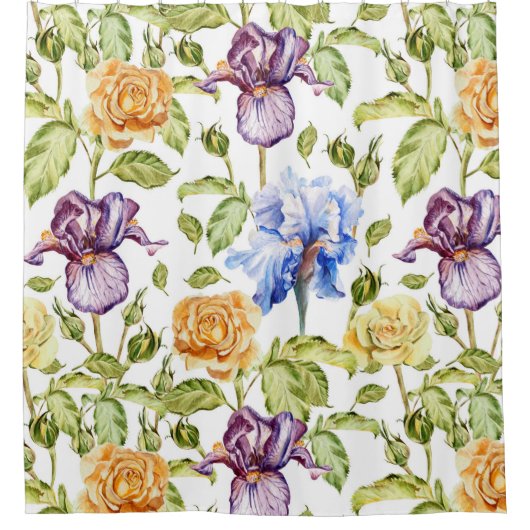 Rideaux De Douche Iris et rose aquarelle motif floral (Devant)