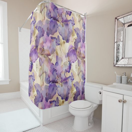 Rideaux De Douche Iris Floral Doré Violet Romantique pour Mariage (En situation)