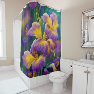 Rideaux De Douche Iris Floral Violet et bleu or feuilles