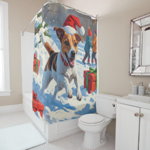 Rideaux De Douche Jack Russell courant dans la neige avec un chapeau