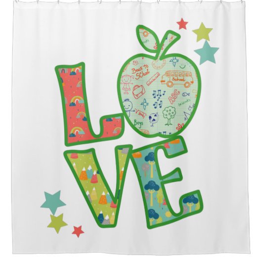 Rideaux De Douche J'aime l'école Apple, ramené à l'école (Devant)