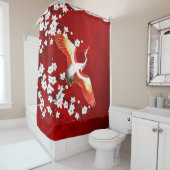 Rideaux De Douche Japonaise Grue Blanc Cerisier Fleur Rouge (En situation)