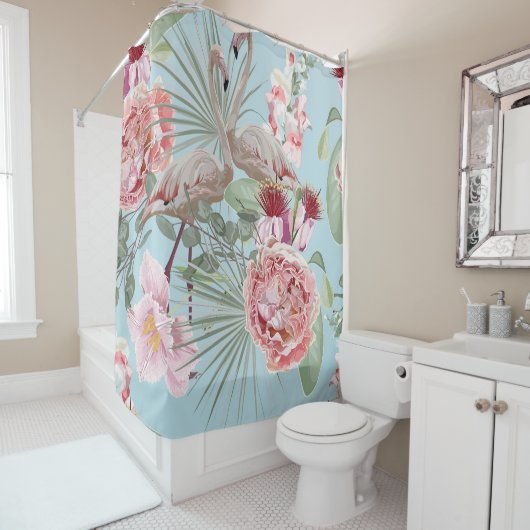 Rideaux De Douche Jardin boho moderne luxueux Flamant rose fleurs bl (En situation)