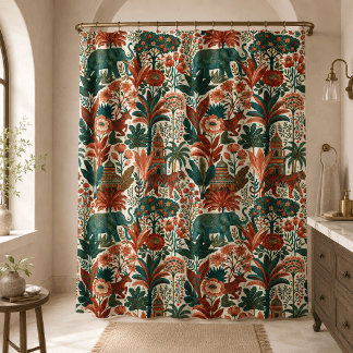 Rideaux De Douche Jardin Colonial Indien Eléphants Tigres Vintage