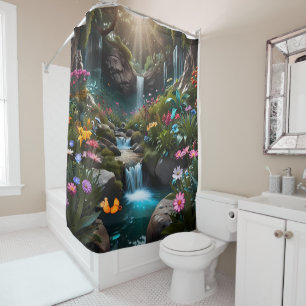 Rideaux De Douche Jardin fleuri avec floraisons d'arbres et papillon