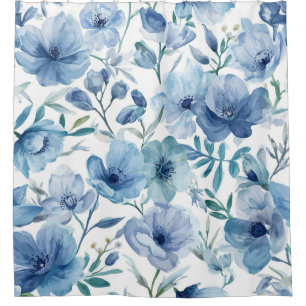 Rideaux De Douche Jardin Floral Aquarelle Botanique Bleu