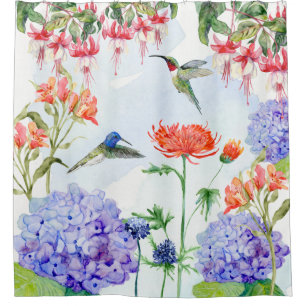 Rideaux De Douche Jardin floral rose orange bleu Aquarelle Oiseaux