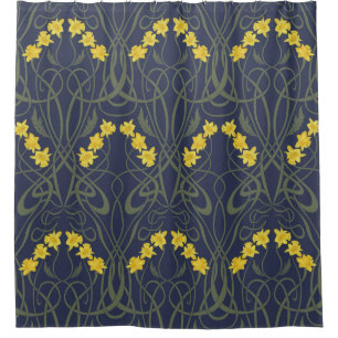 Rideaux De Douche Jaune Art Nouveau Jonquilles et Tiges Bleues