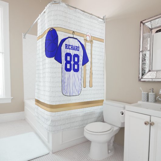 Rideaux De Douche Jersey de baseball bleu et blanc personnalisé (En situation)