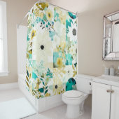 Rideaux De Douche Joli Art folklorique Fleurs blanches et turquoise (En situation)