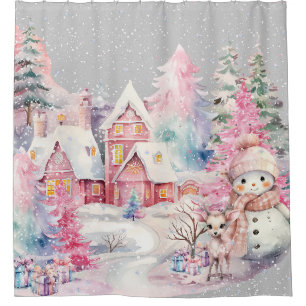 Rideaux De Douche Joli Bonhomme de Neige Rose Paysage Hivernal Encha
