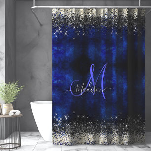 Rideaux De Douche Joli monogramme pailleté faux or bleu royal