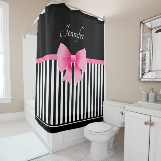 Rideaux De Douche Joli noir et blanc Motif rose Bow Nom (En situation)