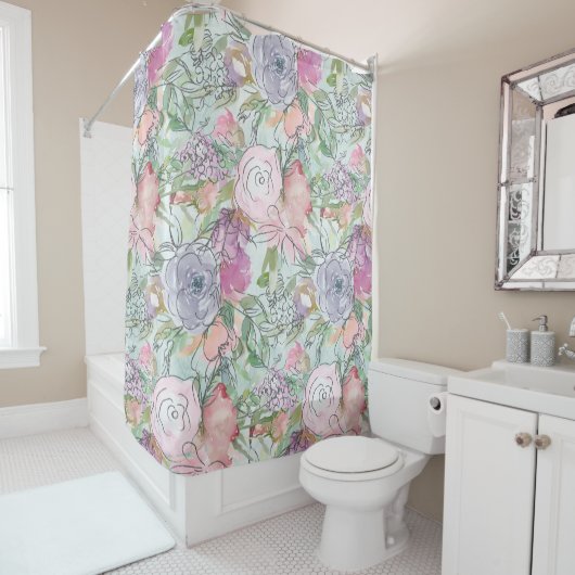 Rideaux De Douche Jolie aquarelle Pastel Lineart (En situation)