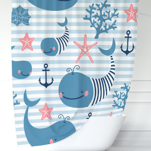 Rideaux De Douche Jolies baleines bleues nautiques et récif corallie