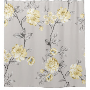 Rideaux De Douche jolies fleurs jaunes avec motif feuille gris sur g
