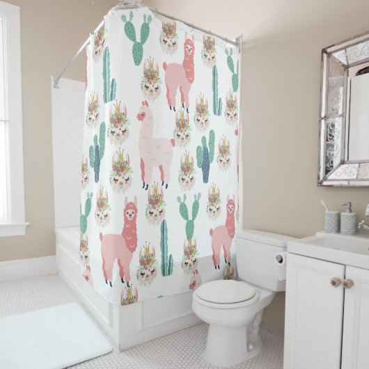 Rideaux De Douche Jolis Llamas roses et Cactus vert (En situation)