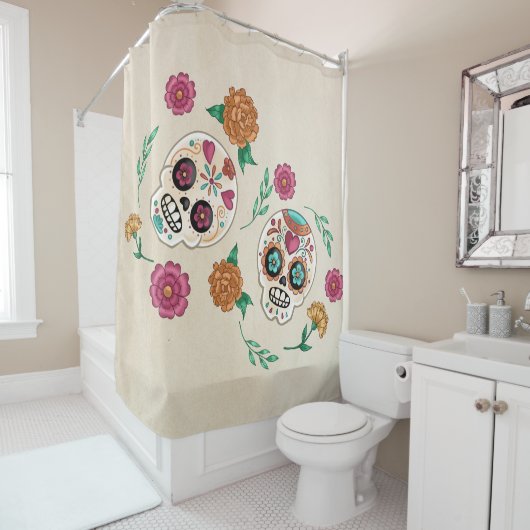 Rideaux De Douche Jour des Crânes et fleurs de sucre morts (En situation)
