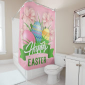 Rideaux De Douche Joyeuses Fleurs Et Oeufs Roses De Pâques (En situation)