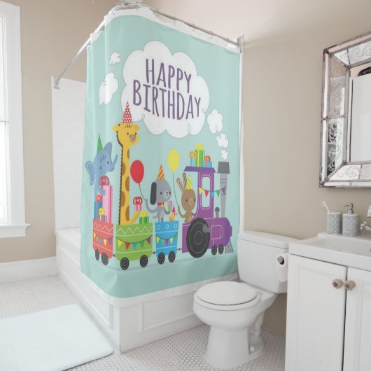 Rideaux De Douche Joyeux Anniversaire mignon train animal (En situation)