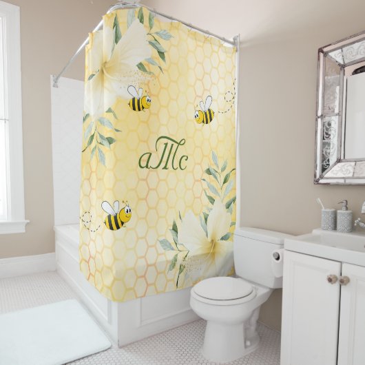 Rideaux De Douche Joyeux bourdon abeilles jaune monographie florale (En situation)