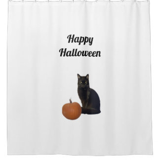 Rideaux De Douche Joyeux Halloween Chat noir Orange Citrouille Blanc