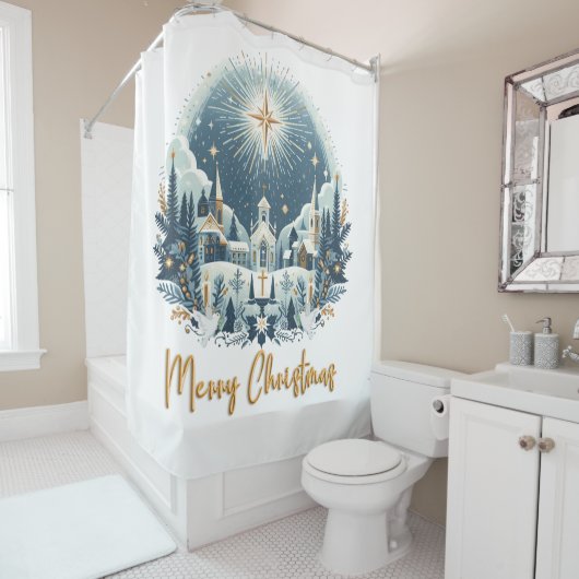 Rideaux De Douche Joyeux Noël bleu et or (En situation)