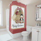 Rideaux De Douche Joyeux Noël mignon pingouin rétro Panier de vacanc (En situation)