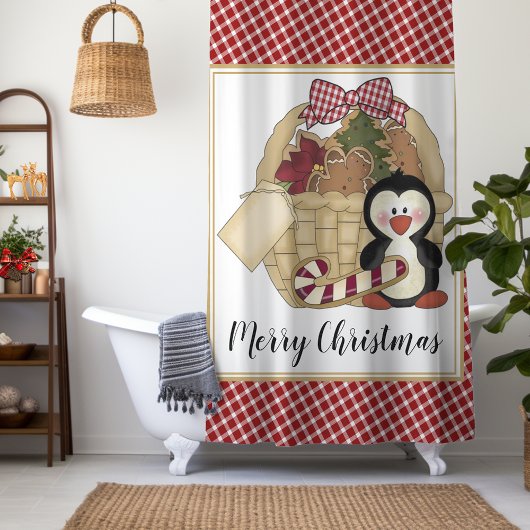 Rideaux De Douche Joyeux Noël mignon pingouin rétro Panier de vacanc
