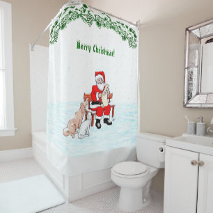 Rideaux De Douche Joyeux Noël! Père Noël avec chat et chien