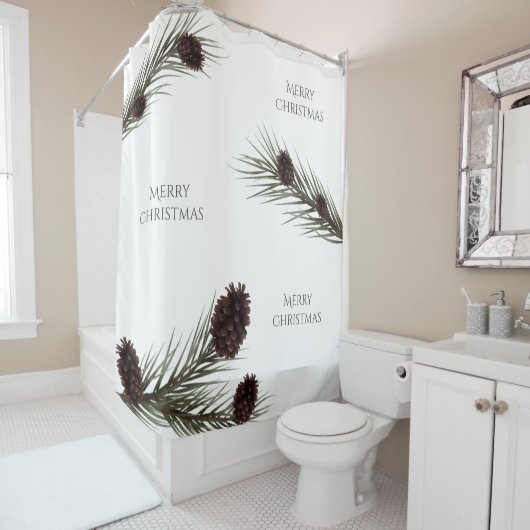 Rideaux De Douche Joyeux Noël Pine Cônes Branches Blanches (En situation)