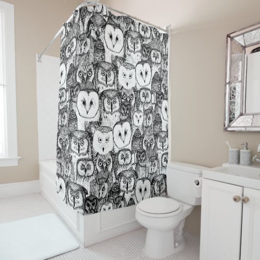 Rideaux De Douche juste blanc noir de hiboux (En situation)