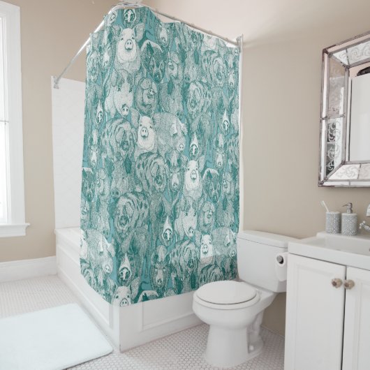 Rideaux De Douche juste des cochons turquoise viridian (En situation)