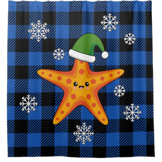 Rideaux De Douche Kawaii Xmas Starfish sur Blue Buffalo Motif (Devant)