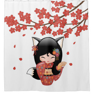 Rideaux De Douche Kitsune Kokeshi Doll Black Fox Geisha Girl Red