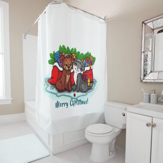 Rideaux De Douche Kitty et chiot, Happy XMas (En situation)