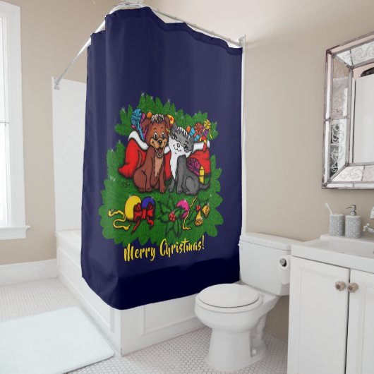 Rideaux De Douche Kitty et chiot, Happy XMas (En situation)