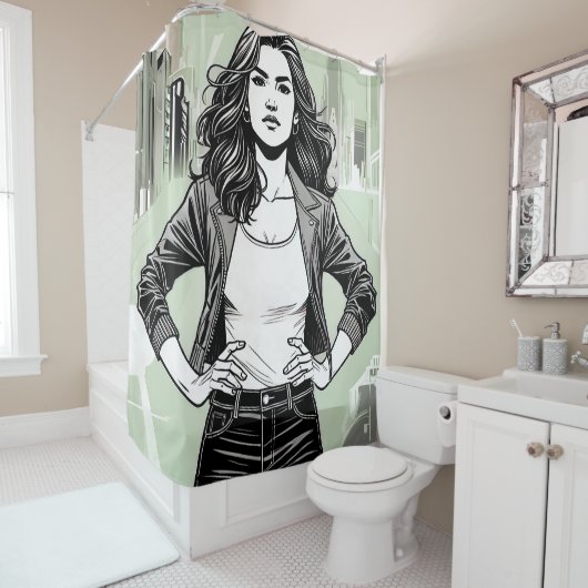 RIDEAUX DE DOUCHE "LA CHICA BRAVA DEFIANT" (En situation)