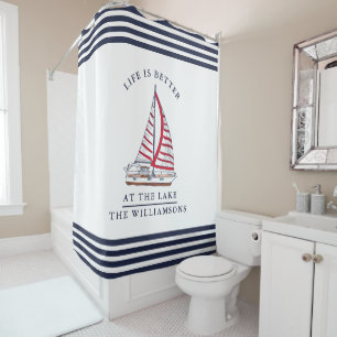 Rideaux De Douche La vie est meilleure au bord du lac Bleu Bleu Blan