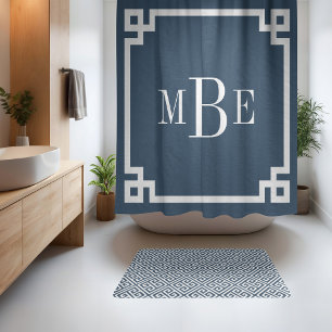 Rideaux De Douche Lac Bleu et Clé Grecque Blanche Monogrammé