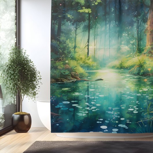 Rideaux De Douche Lac de la forêt enchantée à l'aquarelle