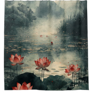 Rideaux De Douche Lac de lotus au clair de lune (2)