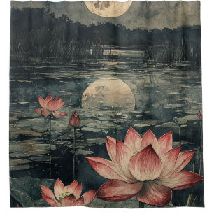 Rideaux De Douche Lac de lotus au clair de lune (4)